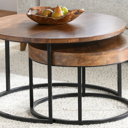 Emma Table Set of 2 Nesting Tables (Set of 2) by Kosas Home in natural brown, black. Made from oak veneer, iron in a modern style.