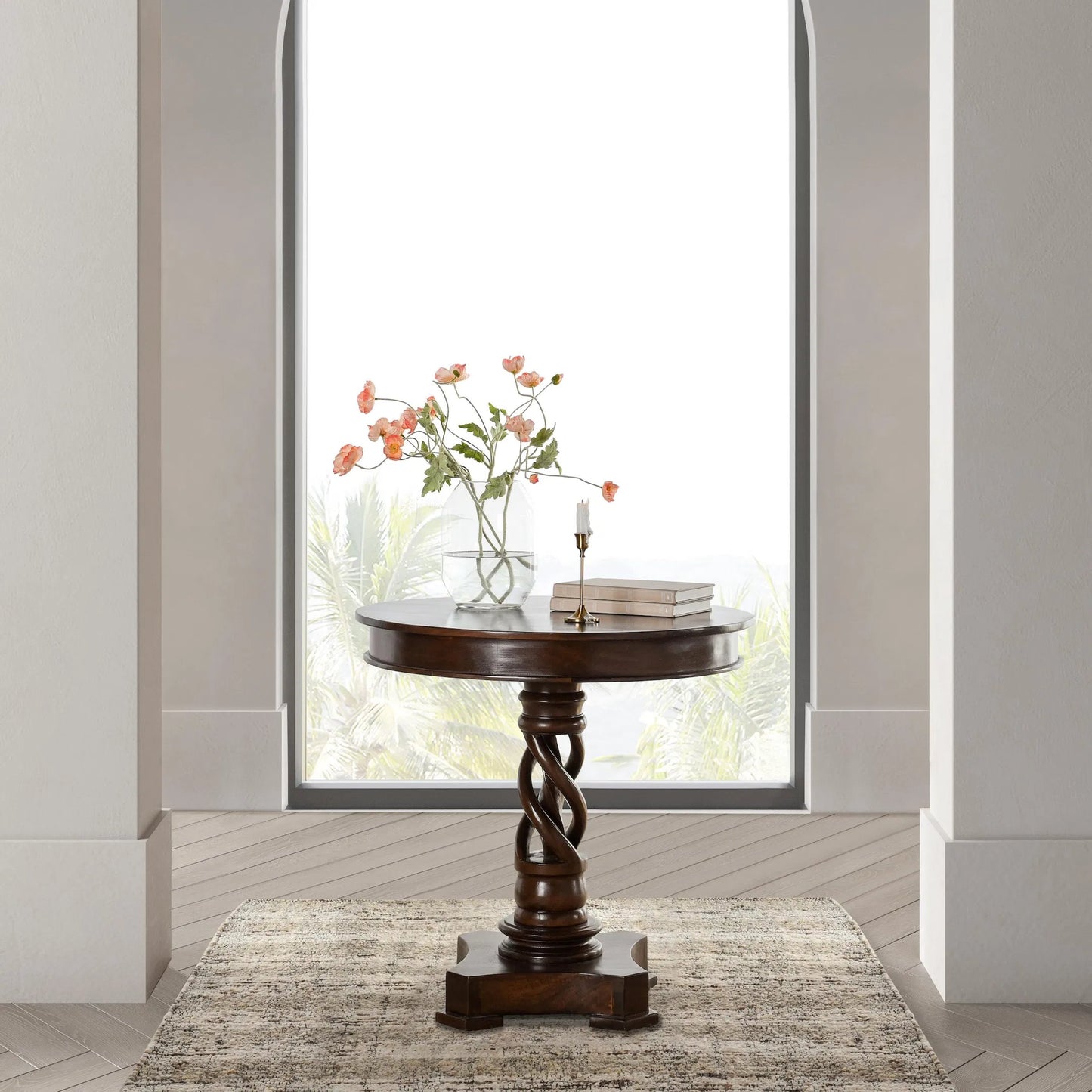 010 SI-2238805 | Lifestyle | Bella Mango Wood 30" Round Table by Kosas Home in dark brown. Made from mango wood in a traditional style.
