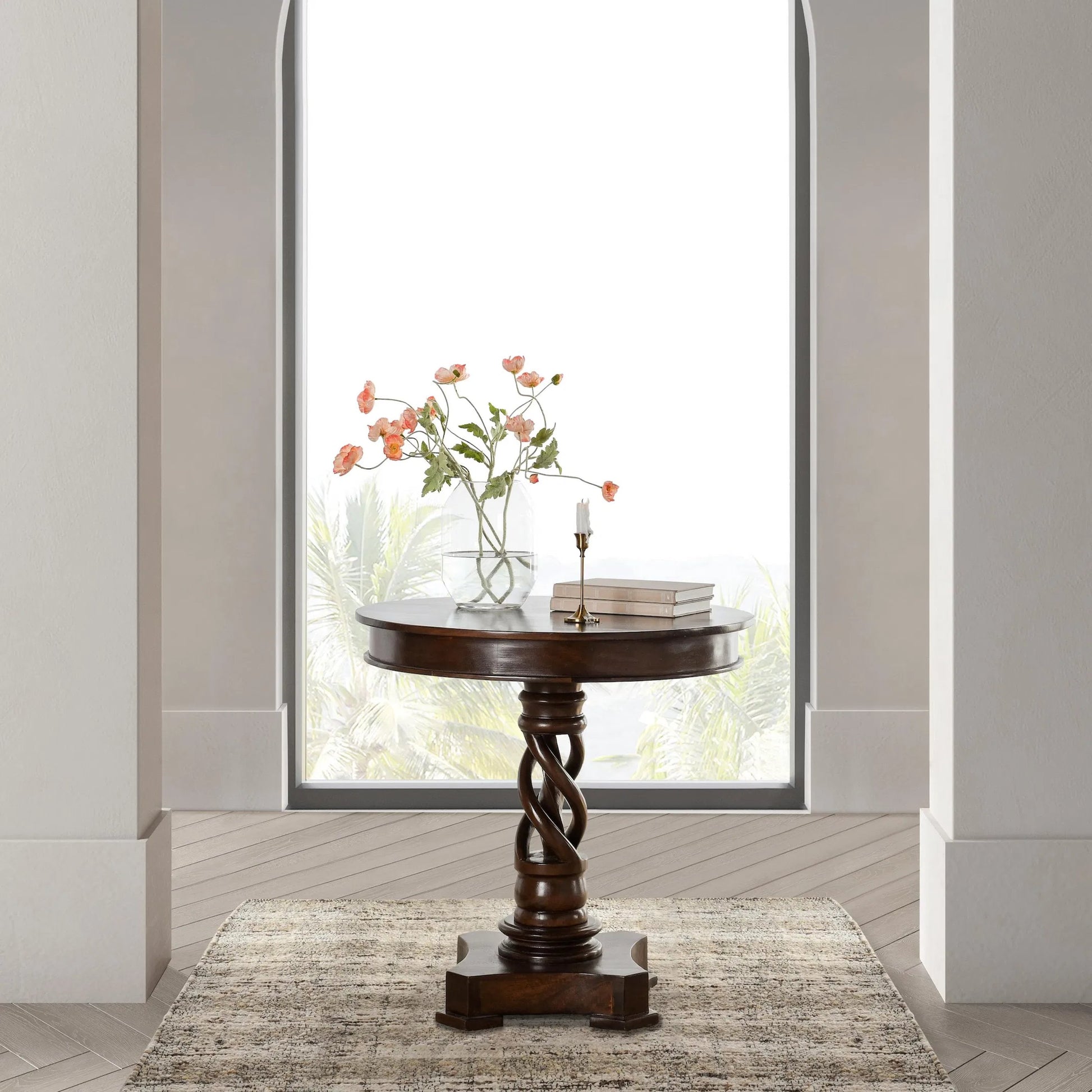 Bella Mango Wood 30" Round Table by Kosas Home in dark brown. Made from mango wood in a unique style.
