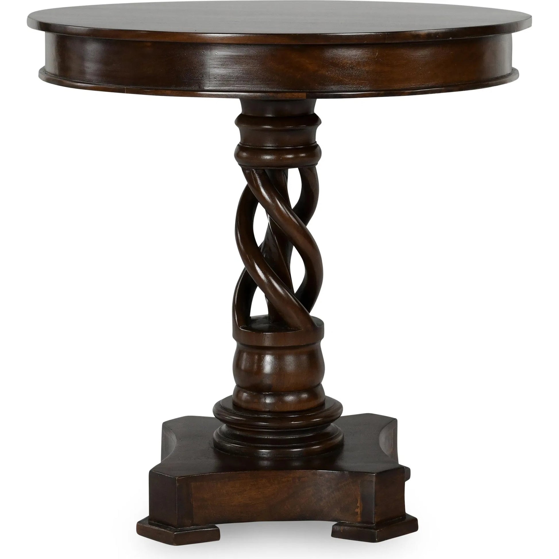 Bella Mango Wood 30" Round Table by Kosas Home in dark brown. Made from mango wood in a unique style.