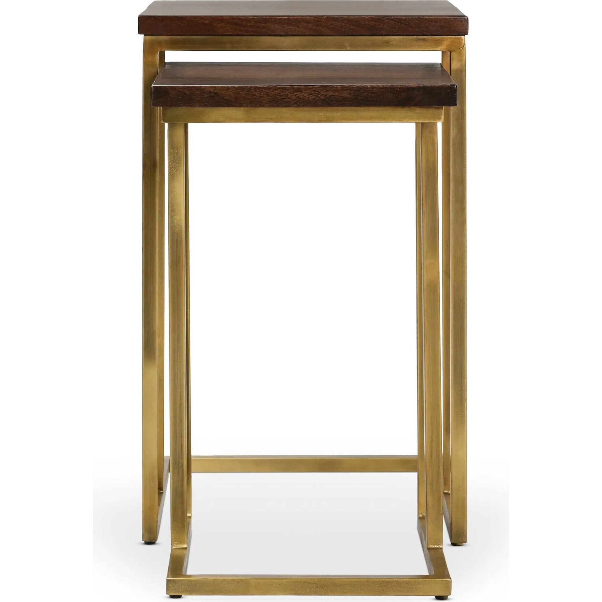 Lynda Set of 2 Mango Wood Nesting Tables in Dark Brown by Kosas Home in wood top handfinished in dark brown, iron base in black. Made from mango wood, iron in a modern style.