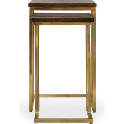 Lynda Set of 2 Mango Wood Nesting Tables in Dark Brown by Kosas Home in wood top handfinished in dark brown, iron base in black. Made from mango wood, iron in a modern style.