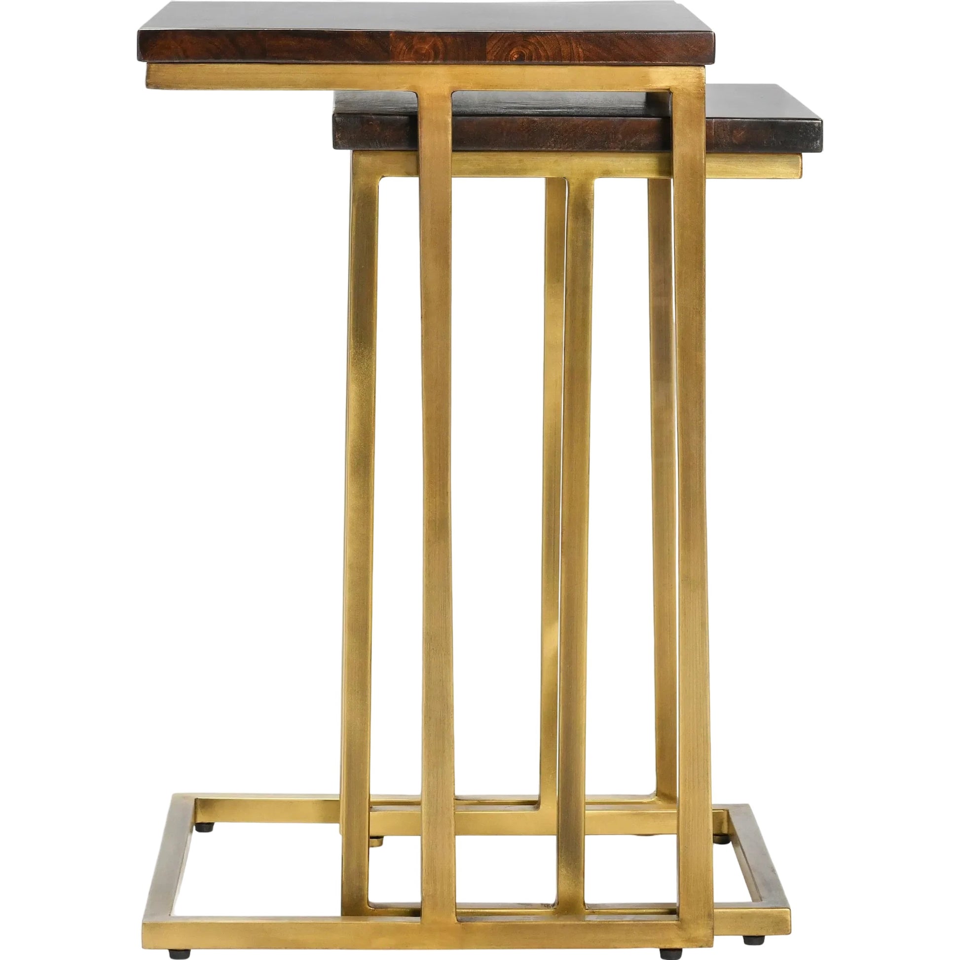 Lynda Set of 2 Mango Wood Nesting Tables in Dark Brown by Kosas Home in wood top handfinished in dark brown, iron base in black. Made from mango wood, iron in a modern style.