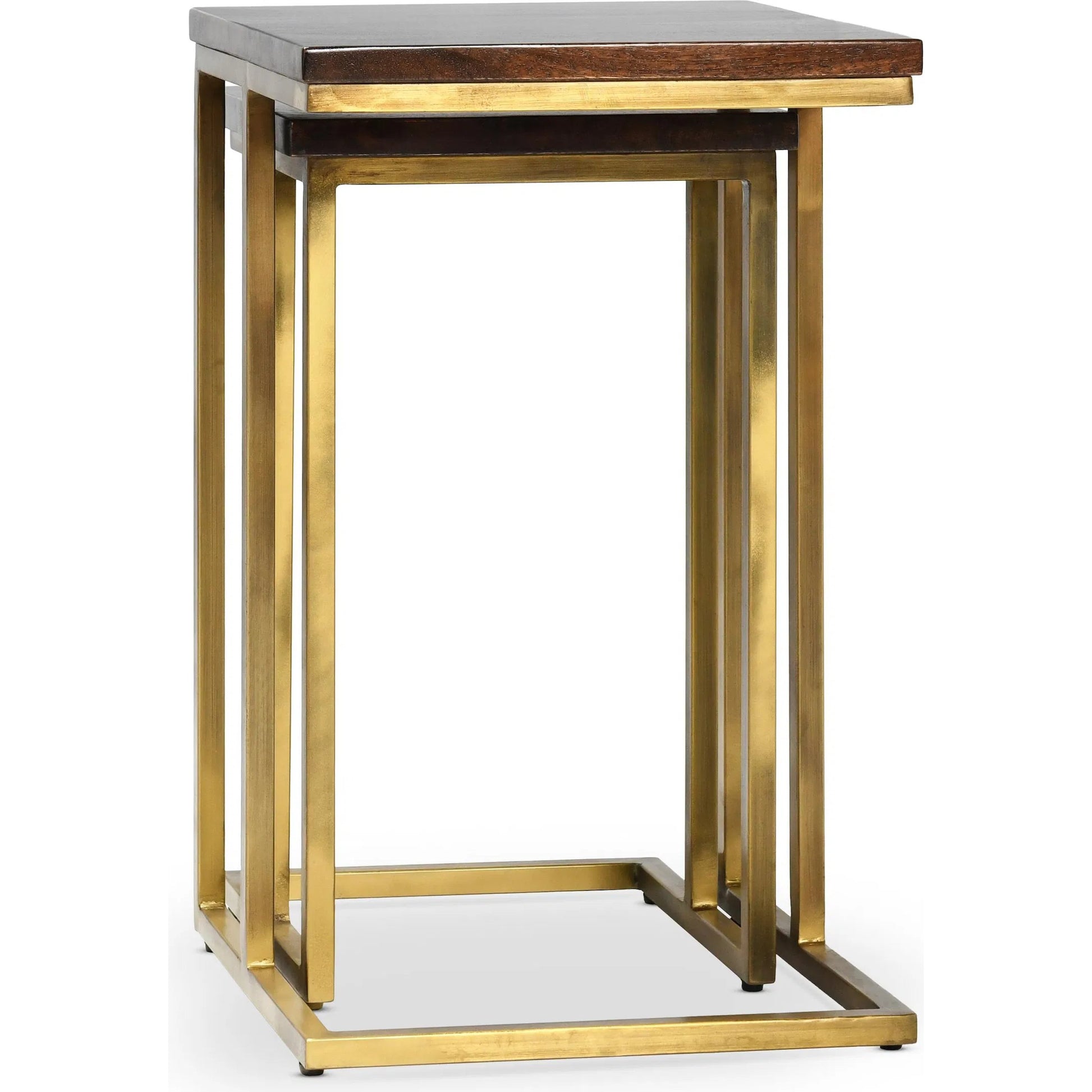 Lynda Set of 2 Mango Wood Nesting Tables in Dark Brown by Kosas Home in wood top handfinished in dark brown, iron base in black. Made from mango wood, iron in a modern style.