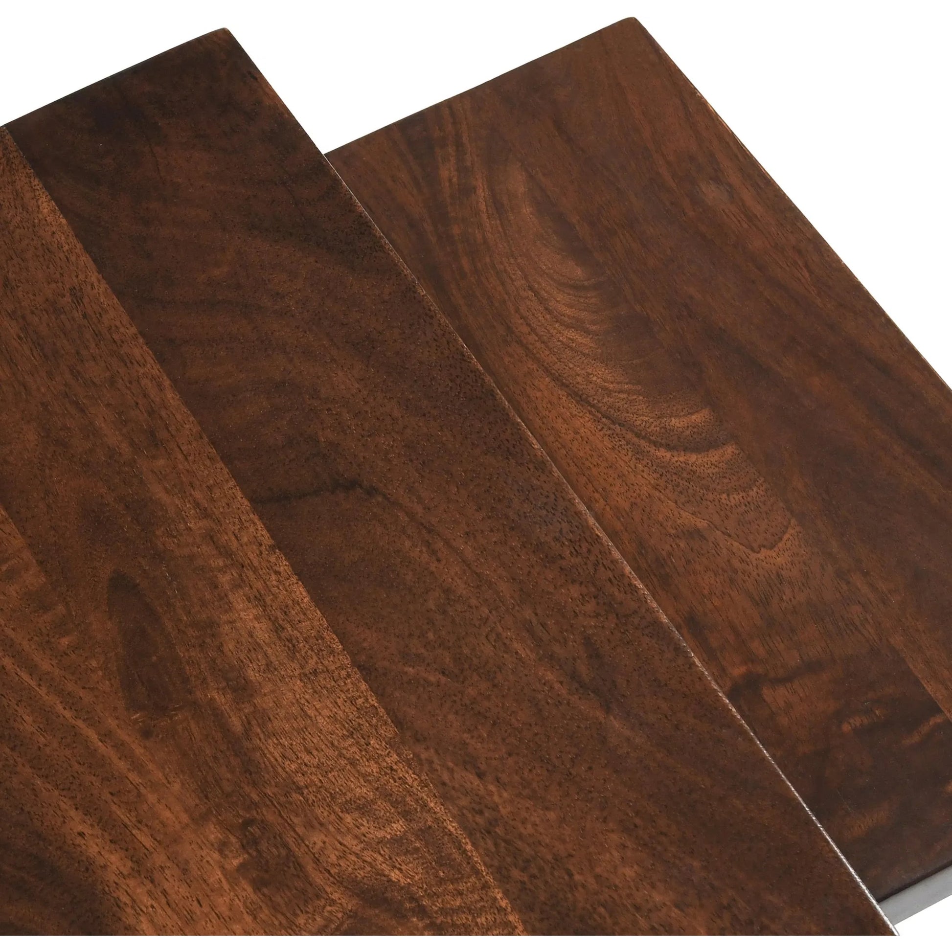 Lynda Set of 2 Mango Wood Nesting Tables in Dark Brown by Kosas Home in wood top handfinished in dark brown, iron base in black. Made from mango wood, iron in a modern style.