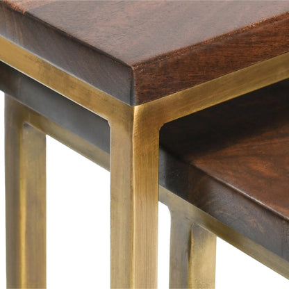 Lynda Set of 2 Mango Wood Nesting Tables in Dark Brown by Kosas Home in wood top handfinished in dark brown, iron base in black. Made from mango wood, iron in a modern style.