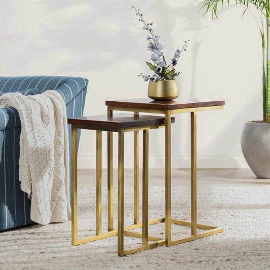 Lynda Set of 2 Mango Wood Nesting Tables in Dark Brown by Kosas Home in wood top handfinished in dark brown, iron base in black. Made from mango wood, iron in a modern style.