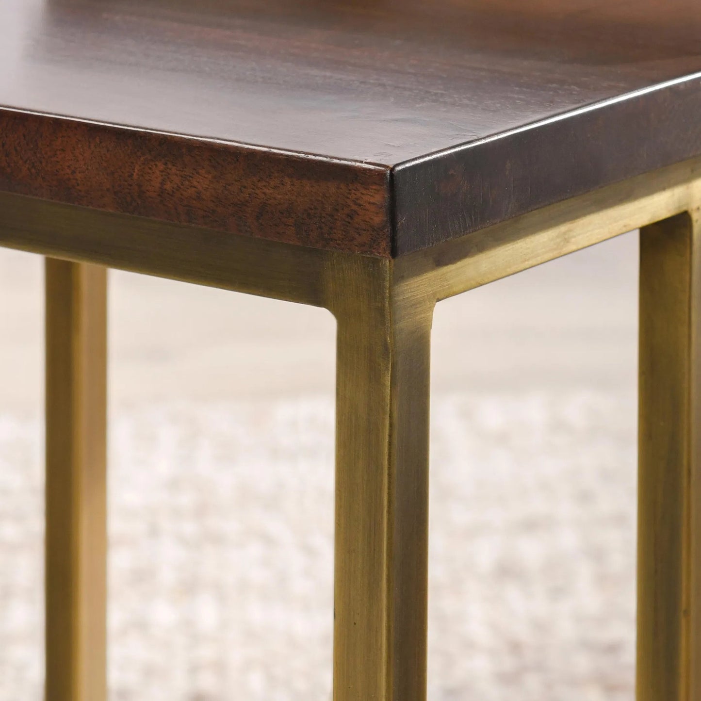 006 SI-2238806 | Closeup | Lynda Set of 2 Mango Wood Nesting Tables in Dark Brown by Kosas Home in wood top handfinished in dark brown, iron base in black. Made from mango wood, iron in a modern style.