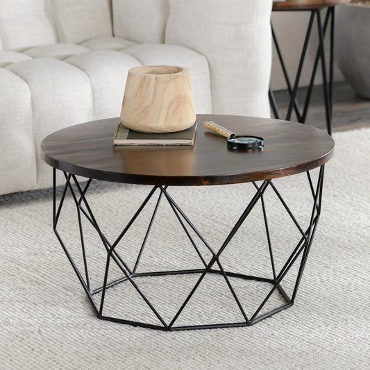 Chester Round Mango Wood Coffee Table by Kosas Home in dark brown top, black finish base. Made from mango wood, iron in a modern style.