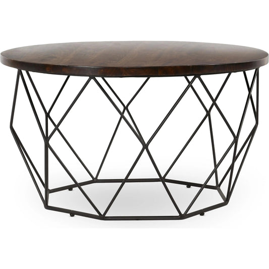 Chester Round Mango Wood Coffee Table by Kosas Home in dark brown top, black finish base. Made from mango wood, iron in a unique style.