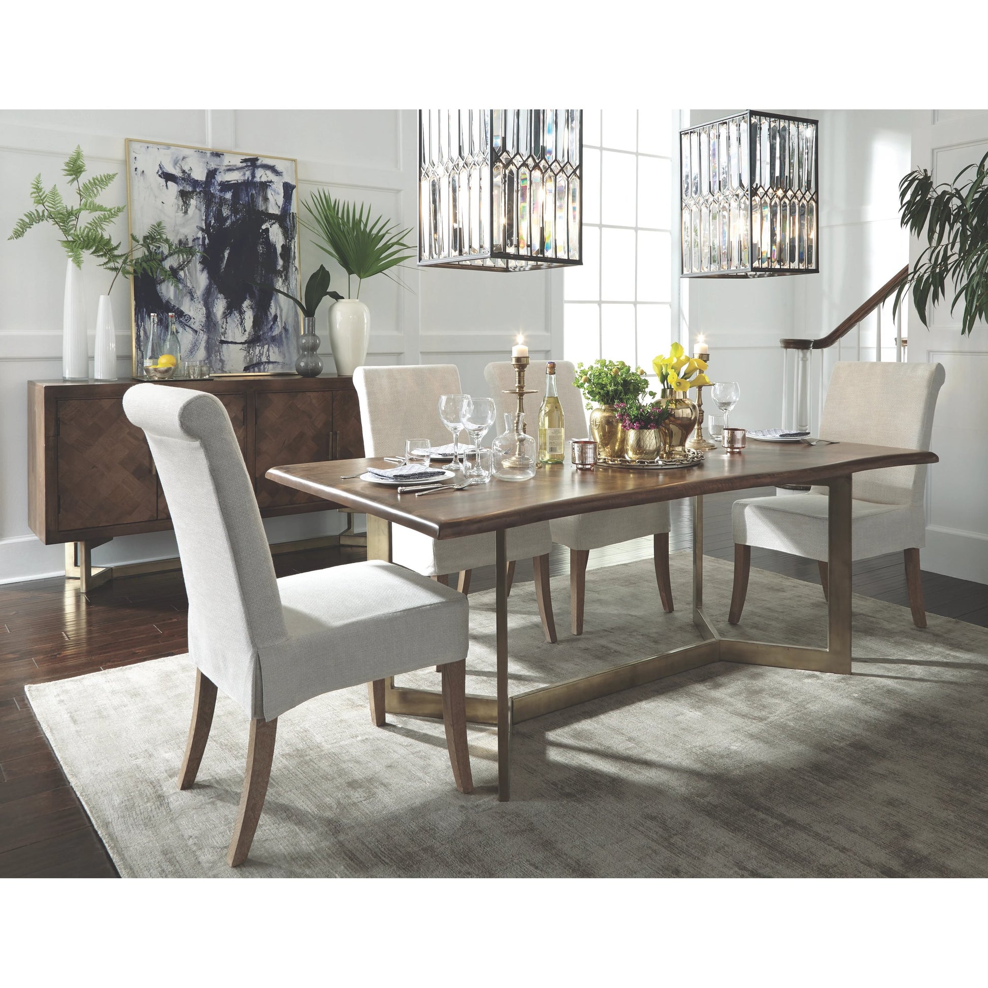 Kensie Dining Table by Classic Home in mango wood, bronze. Made from mango wood, iron base in a modern style.
