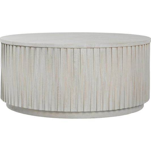 Mrytle Round Coffee Table by Classic Home in distressed light gray. Made from mango wood in a modern style.