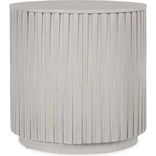 Mrytle Round End Table by Classic Home in distressed light gray. Made from mango wood in a modern style.
