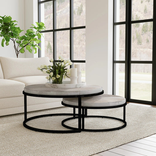 Hayward Hide Nesting Coffee Tables by Classic Home in sparrow gray. Made from iron, hair on hide in a modern style.