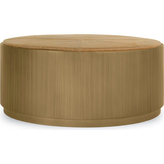 Evan Round Brass Coffee Table by Kosas Home in brass base, natural brown top. Made from iron, top grain leather in a unique style.