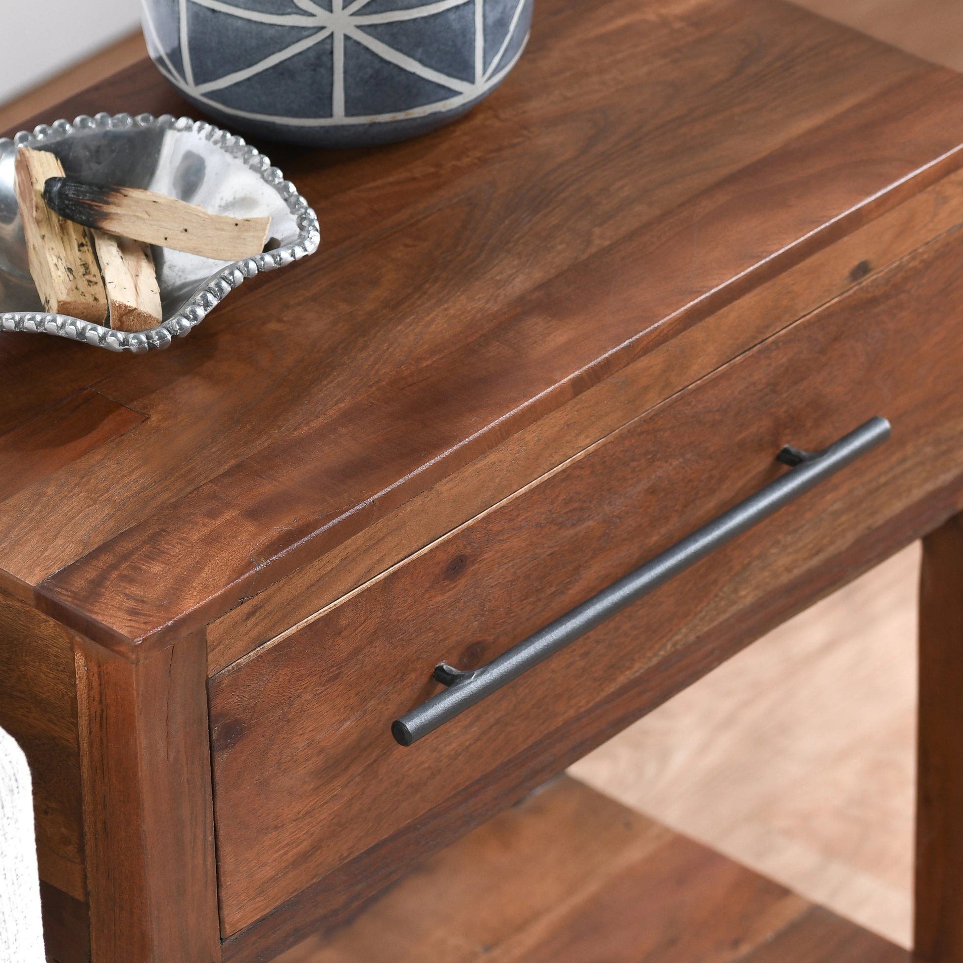 Wren One-Drawer End Table by Kosas Home in natural brown finish. Made from mango wood in a modern style.