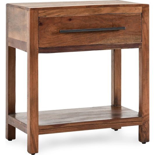 Wren One-Drawer End Table by Kosas Home in natural brown finish. Made from mango wood in a modern style.