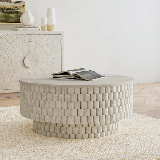 Norwood Round Coffee Table by Classic Home in white. Made from mango wood in a modern style.