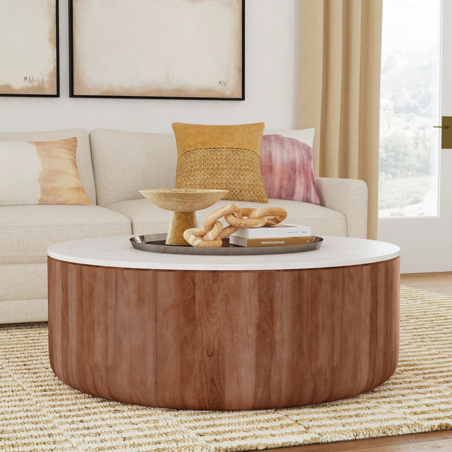 006 SI-2238811 | Lifestyle | Josie 22" Solid Wood and Marble Round Coffee Table by Classic Home in umber, marble. Made from marble, mango wood in a transitional style.