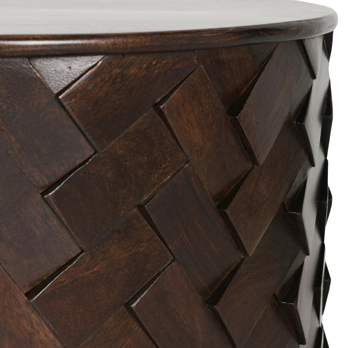 002 SI-2256313 | Closeup | Shira Round Coffee Table with Storage by Classic Home in kona brown. Made from mango wood in a traditional style.