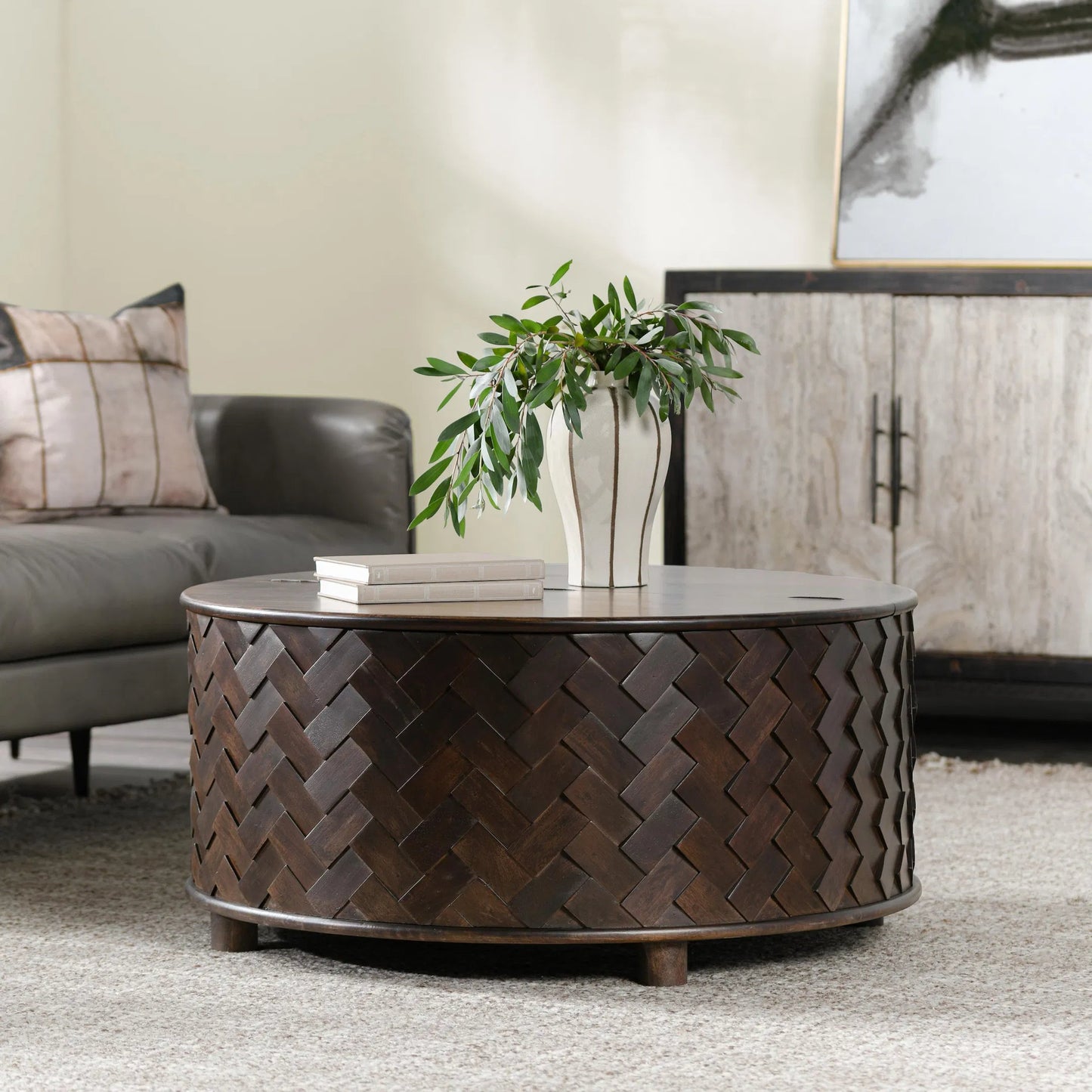 001 SI-2256313 | Lifestyle | Shira Round Coffee Table with Storage by Classic Home in kona brown. Made from mango wood in a traditional style.
