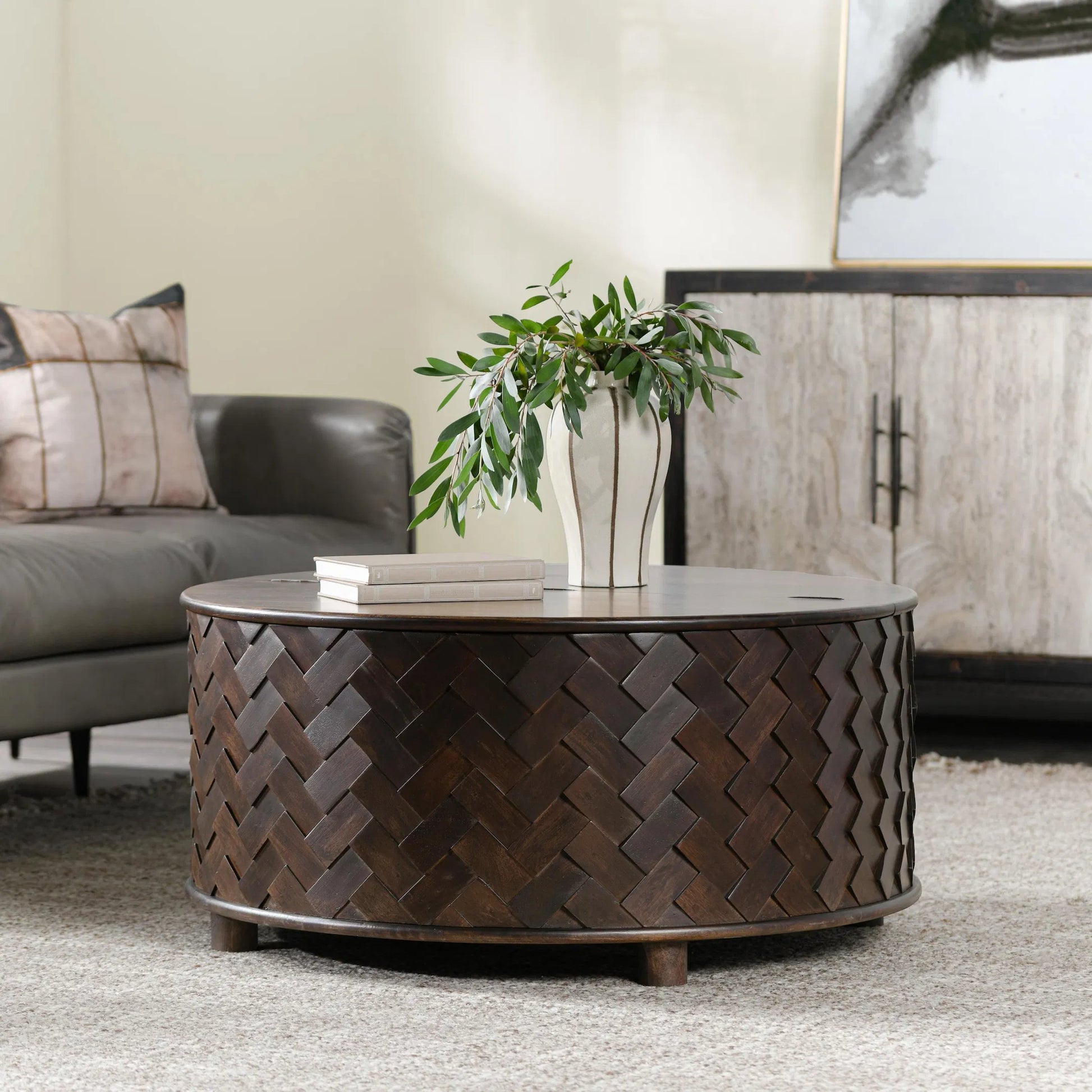 Shira Round Coffee Table with Storage by Classic Home in kona brown. Made from mango wood in a unique style.