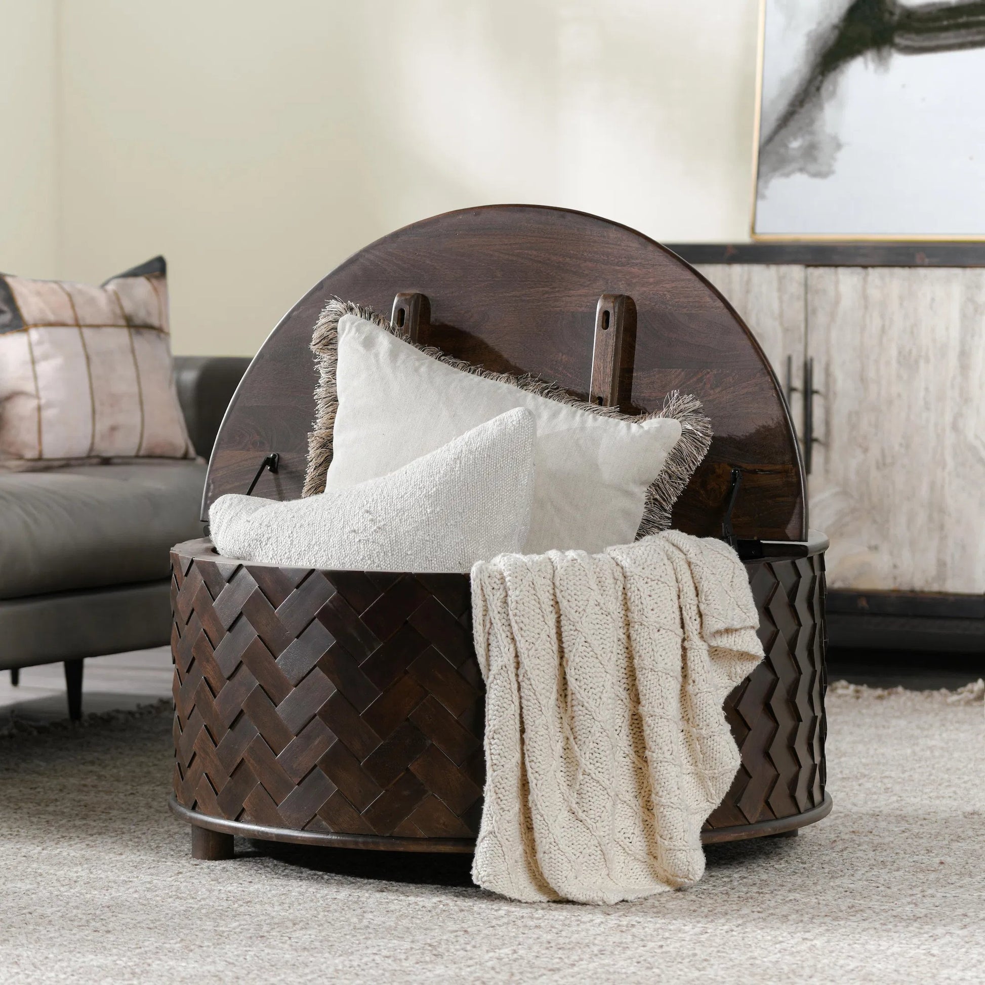 Shira Round Coffee Table with Storage by Classic Home in kona brown. Made from mango wood in a unique style.