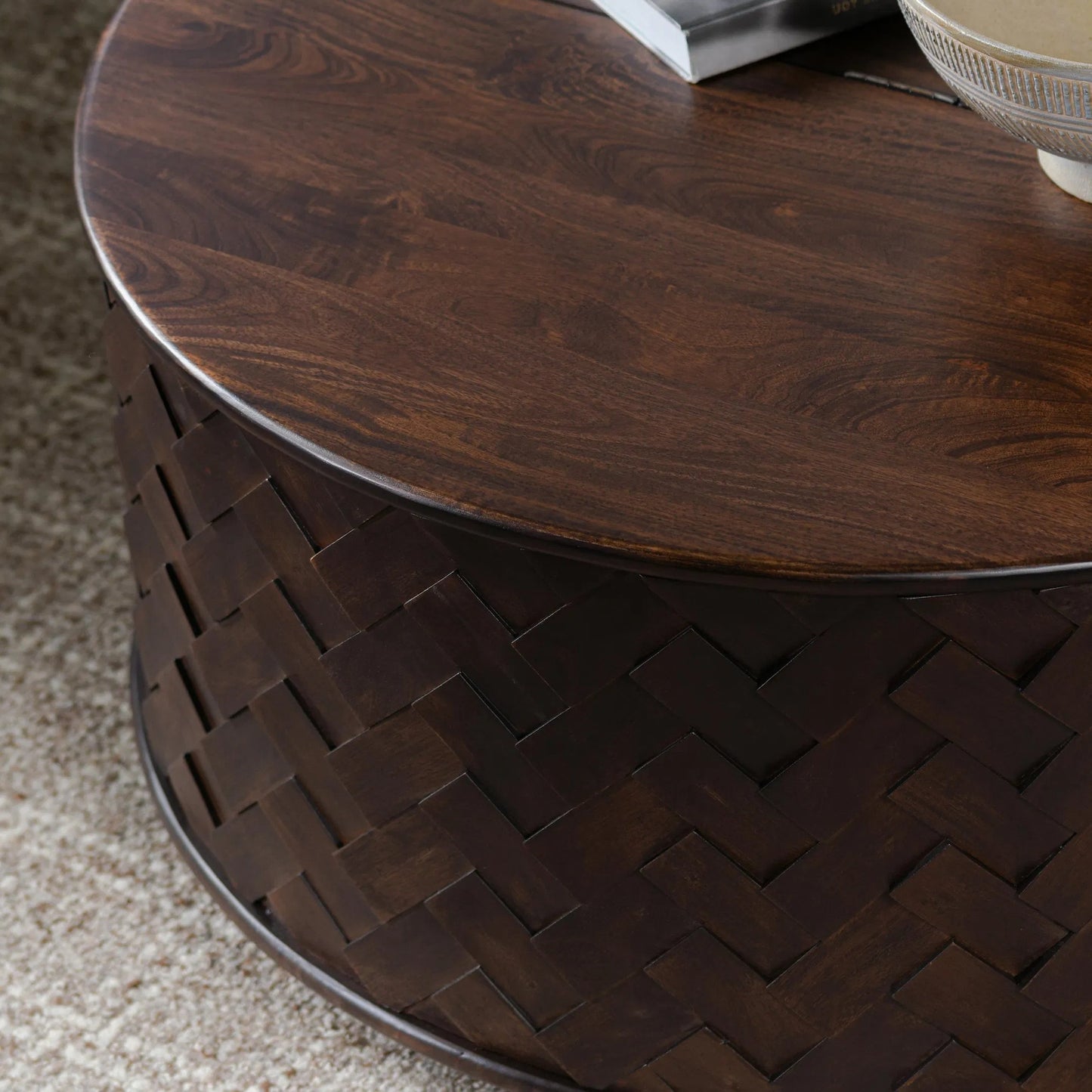 005 SI-2256313 | Closeup | Shira Round Coffee Table with Storage by Classic Home in kona brown. Made from mango wood in a traditional style.