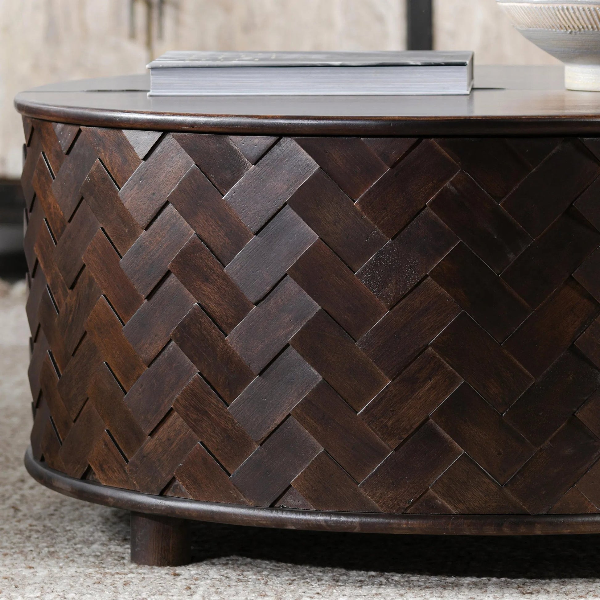 Shira Round Coffee Table with Storage by Classic Home in kona brown. Made from mango wood in a unique style.