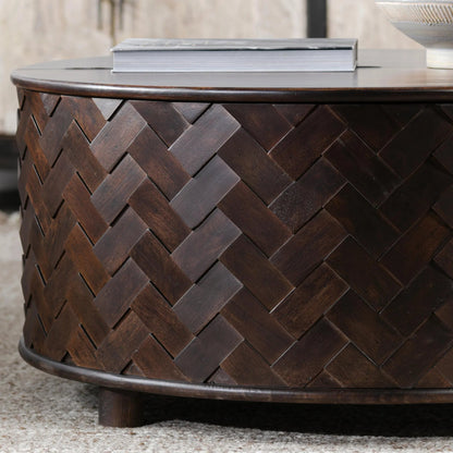 Shira Round Coffee Table with Storage by Classic Home in kona brown. Made from mango wood in a unique style.
