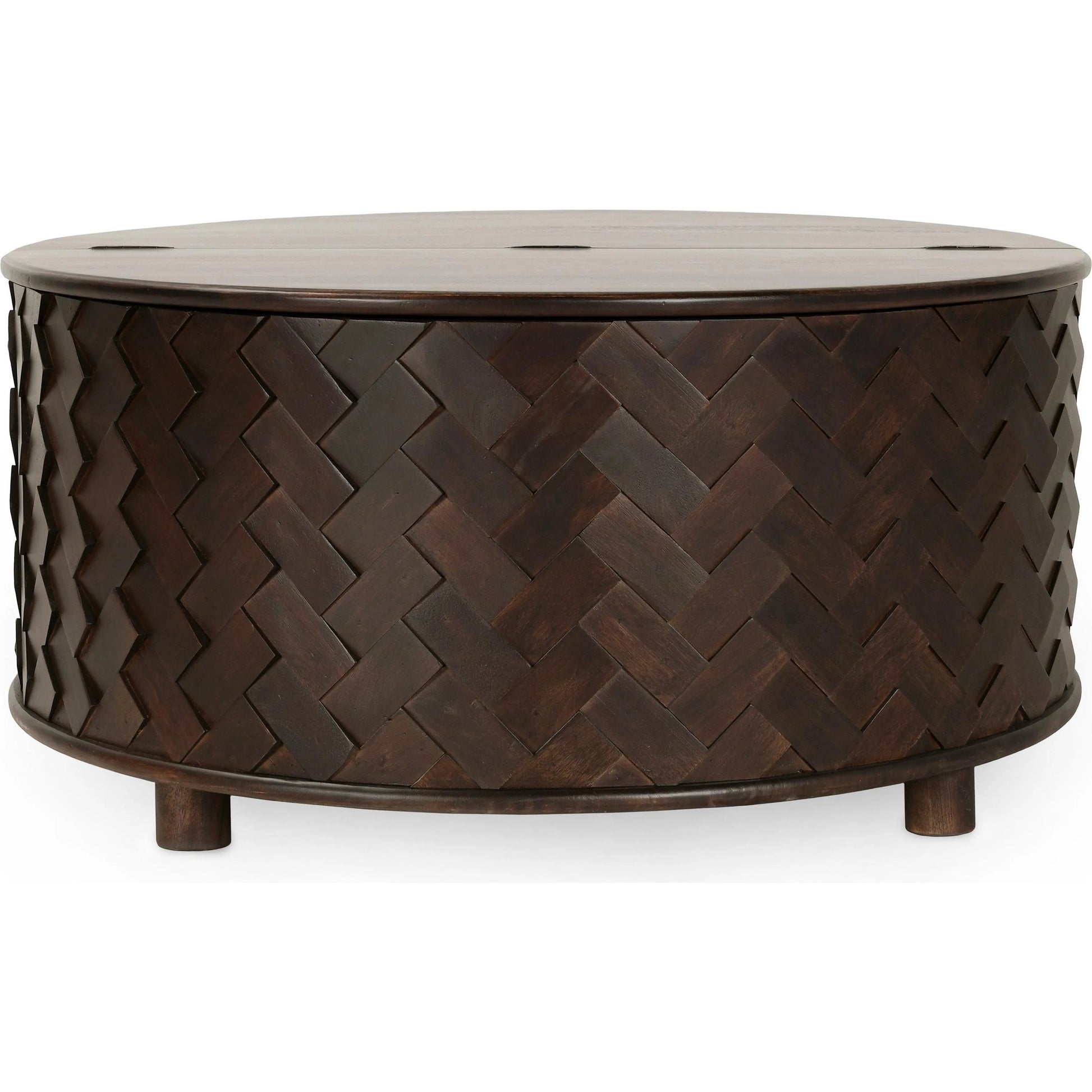 Shira Round Coffee Table with Storage by Classic Home in kona brown. Made from mango wood in a unique style.