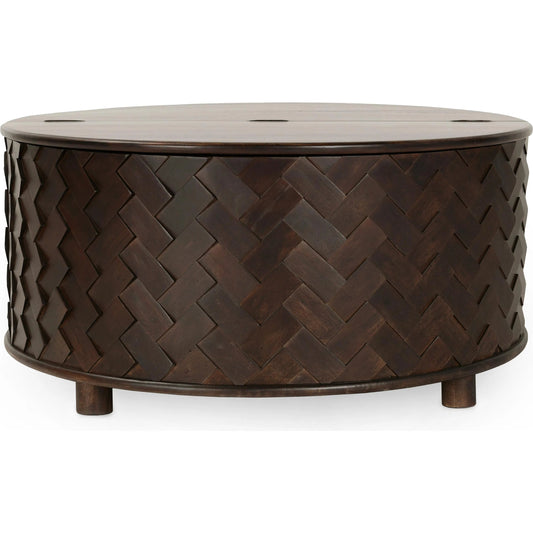 Shira Round Coffee Table with Storage by Classic Home in kona brown. Made from mango wood in a unique style.