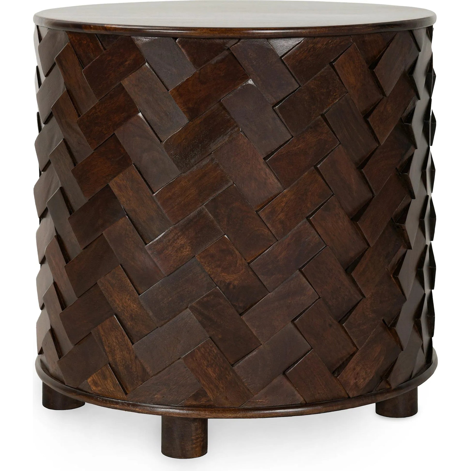 Shira Round End Table by Classic Home in kona brown. Made from mango wood in a unique style.