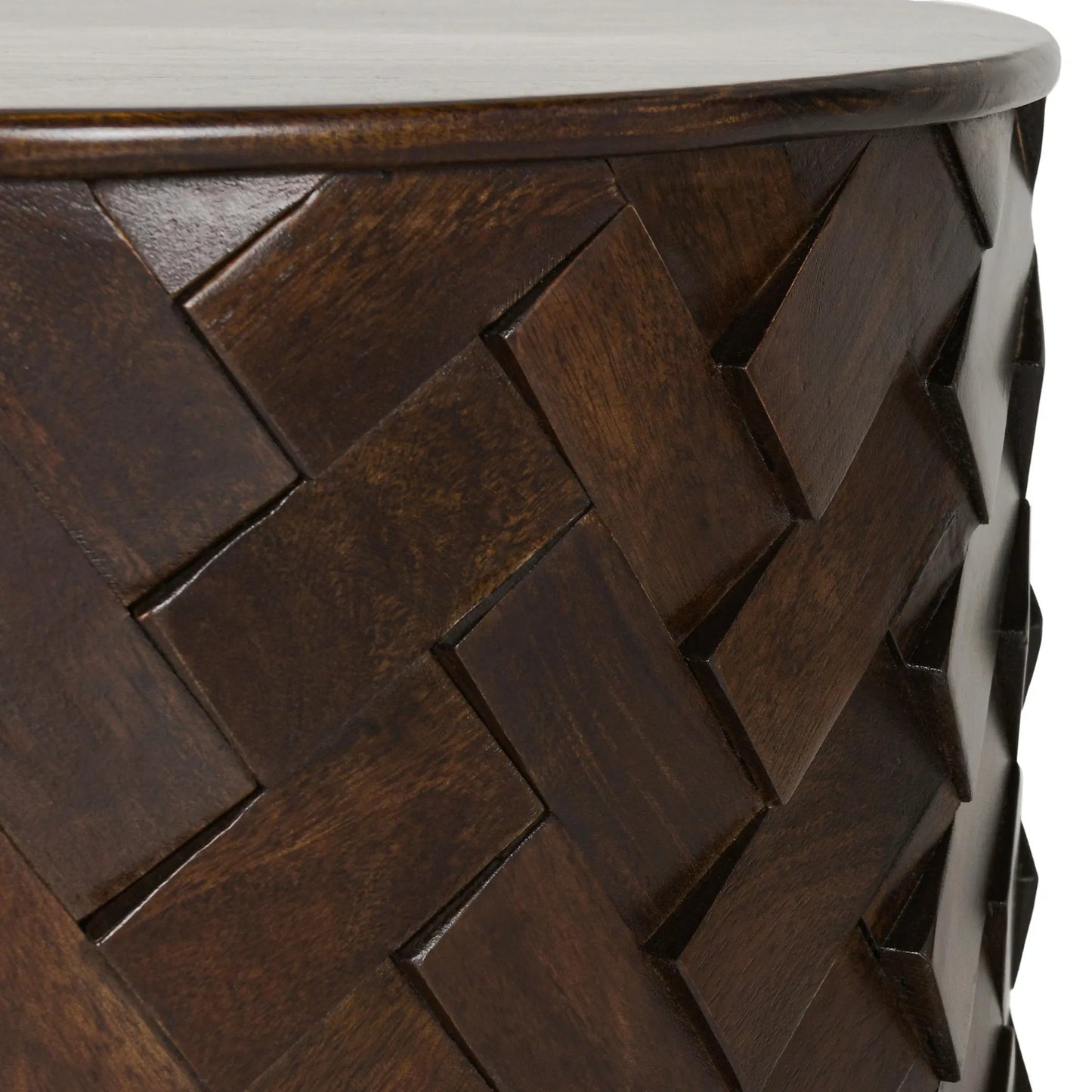004 SI-2256314 | Closeup | Shira Round End Table by Classic Home in kona brown. Made from mango wood in a traditional style.