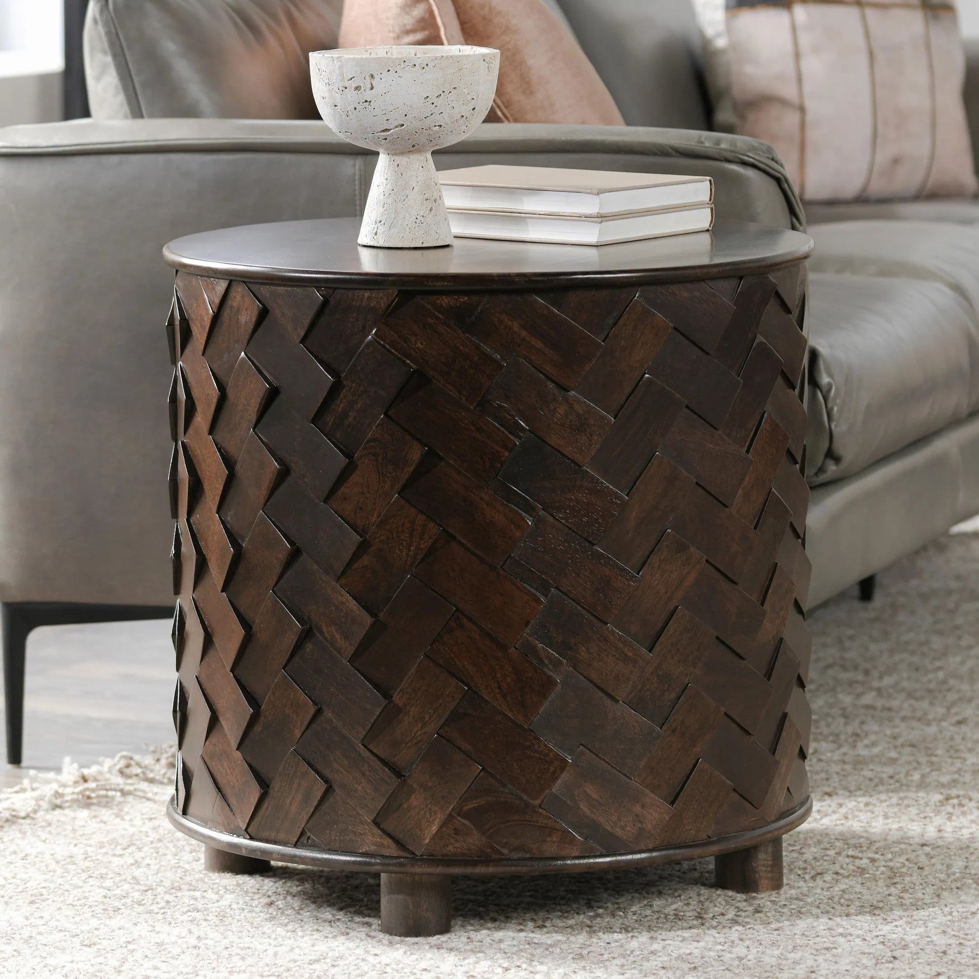 Shira Round End Table by Classic Home in kona brown. Made from mango wood in a unique style.