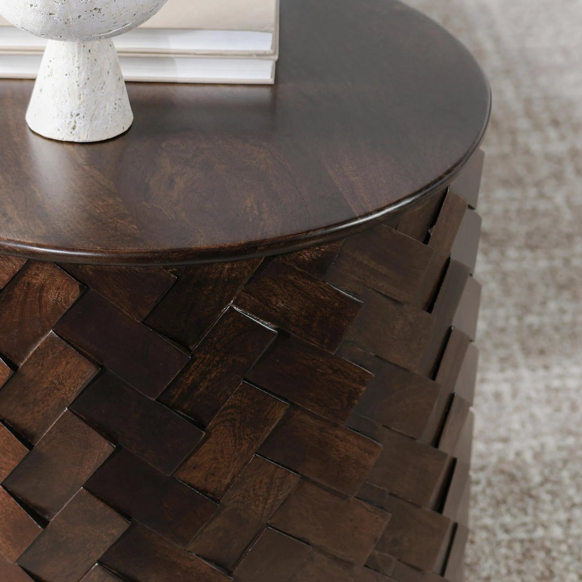 Shira Round End Table by Classic Home in kona brown. Made from mango wood in a unique style.