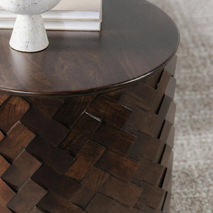 Shira Round End Table by Classic Home in kona brown. Made from mango wood in a unique style.