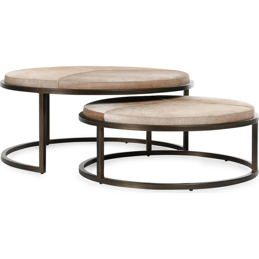 Hayword Hide Nesting Coffee Tables by Classic Home in blonde. Made from iron, hair on hide in a unique style.