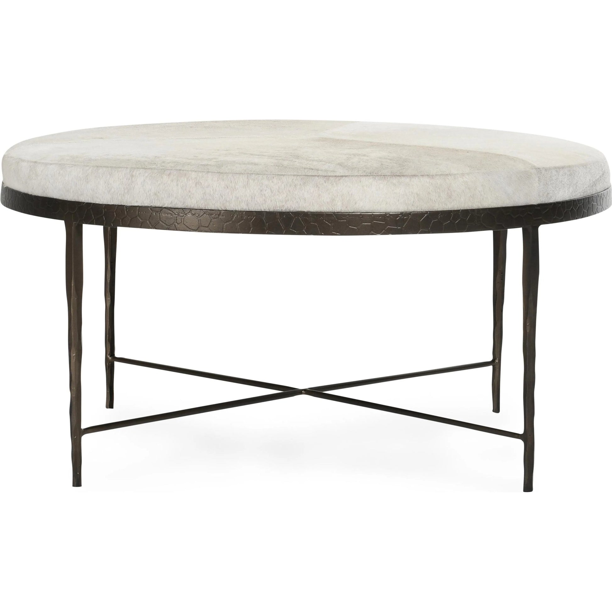 Bose Leather Round Cocktail Coffee Table by Classic Home in ivory. Made from hair on hide, embossed hammered iron in a unique style.