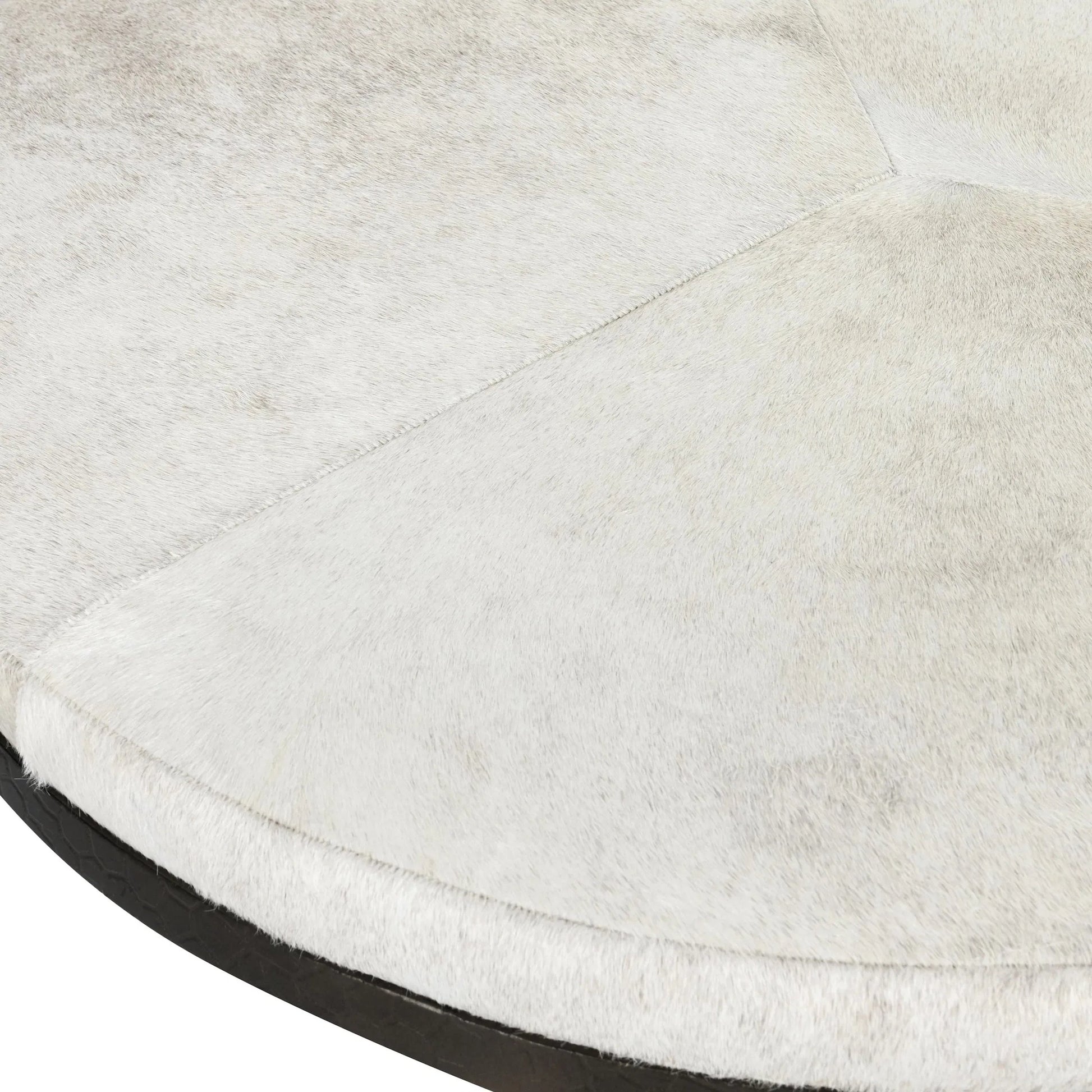 Bose Leather Round Cocktail Coffee Table by Classic Home in ivory. Made from hair on hide, embossed hammered iron in a unique style.