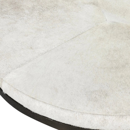 Bose Leather Round Cocktail Coffee Table by Classic Home in ivory. Made from hair on hide, embossed hammered iron in a unique style.