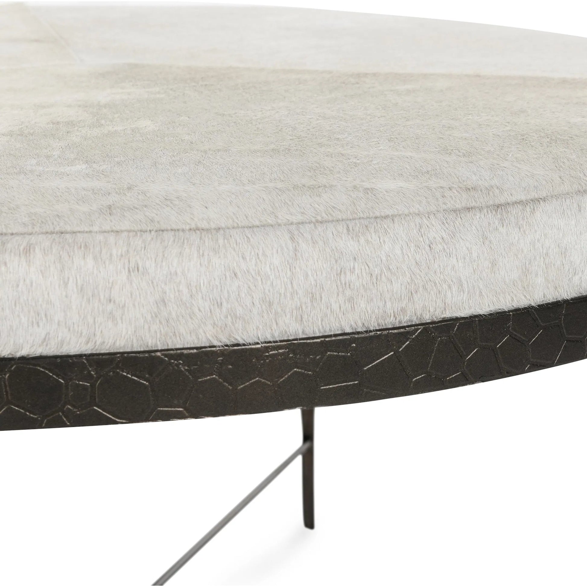 Bose Leather Round Cocktail Coffee Table by Classic Home in ivory. Made from hair on hide, embossed hammered iron in a unique style.
