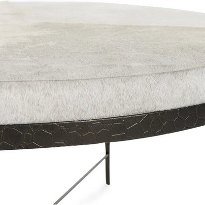 Bose Leather Round Cocktail Coffee Table by Classic Home in ivory. Made from hair on hide, embossed hammered iron in a unique style.