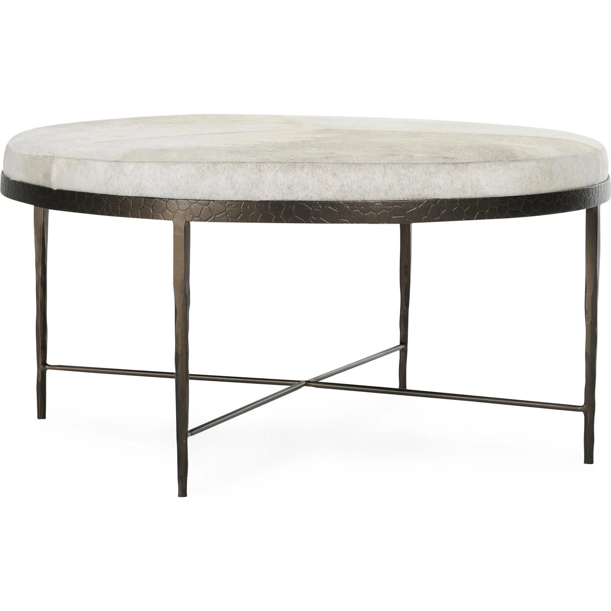 Bose Leather Round Cocktail Coffee Table by Classic Home in ivory. Made from hair on hide, embossed hammered iron in a unique style.