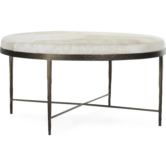 Bose Leather Round Cocktail Coffee Table by Classic Home in ivory. Made from hair on hide, embossed hammered iron in a unique style.
