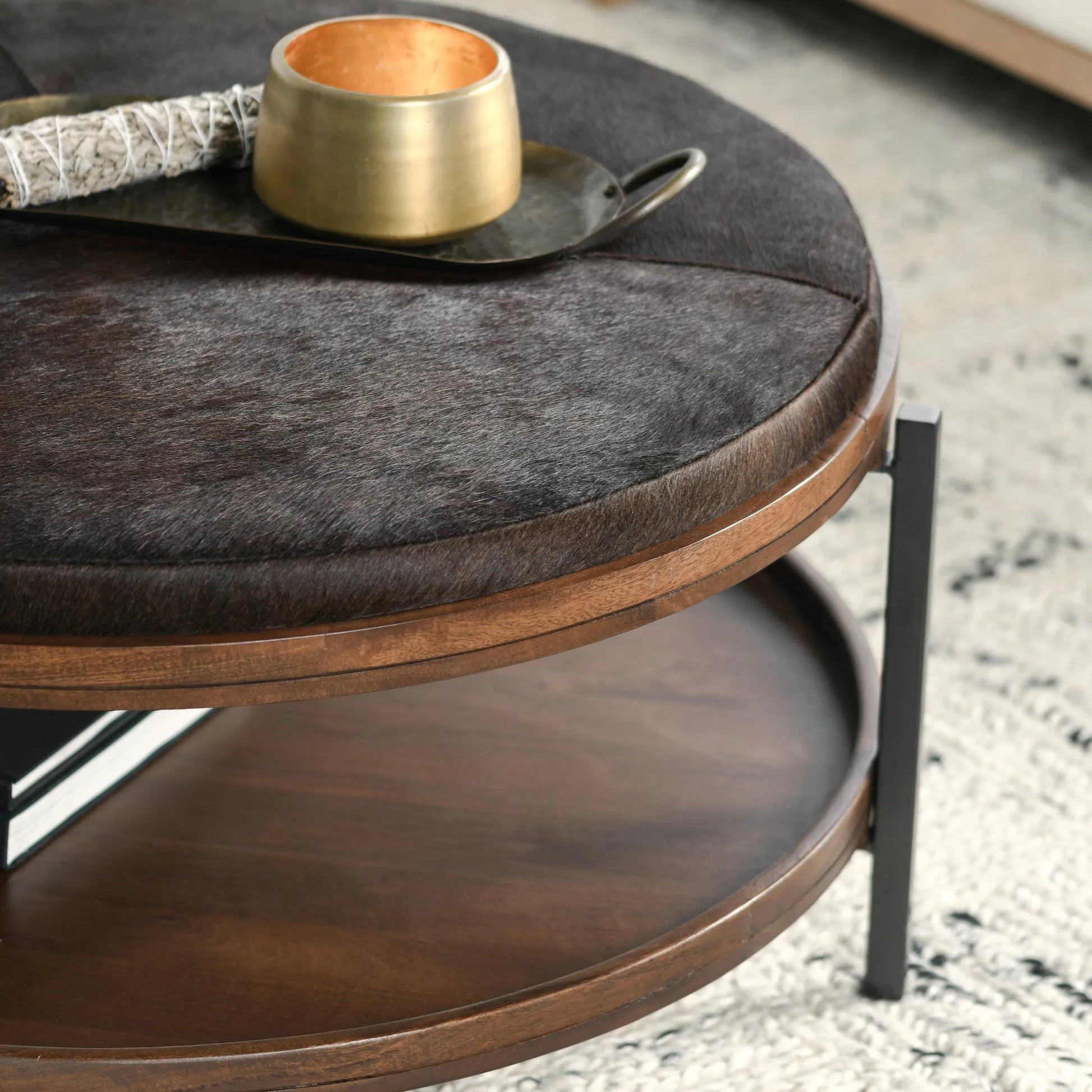 Hunt Mango Wood Cocktail Coffee Table by Classic Home in brown. Made from mango wood, hair on hide, iron in a unique style.