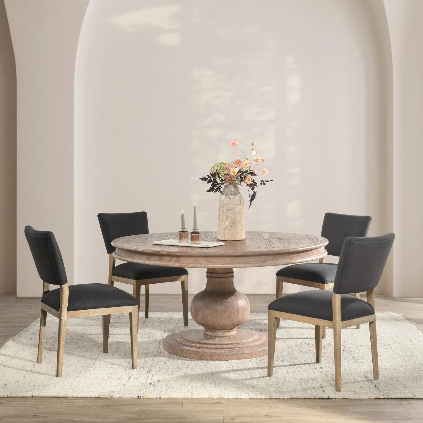 007 SI-2238820 | Lifestyle | Baldwin 60" Pine Wood Round Dining Table by Kosas Home in taupe. Made from pine wood in a transitional style.