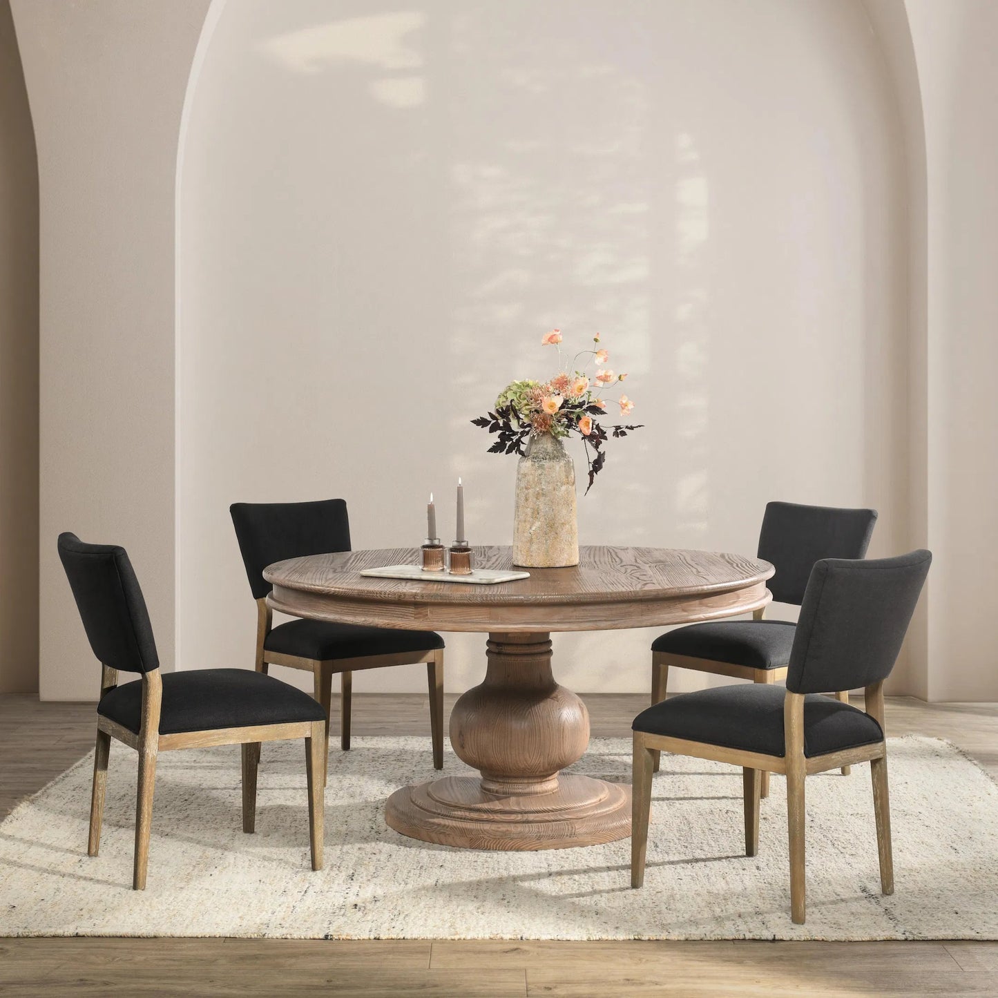 008 SI-2238820 | Lifestyle | Baldwin 60" Pine Wood Round Dining Table by Kosas Home in taupe. Made from pine wood in a transitional style.