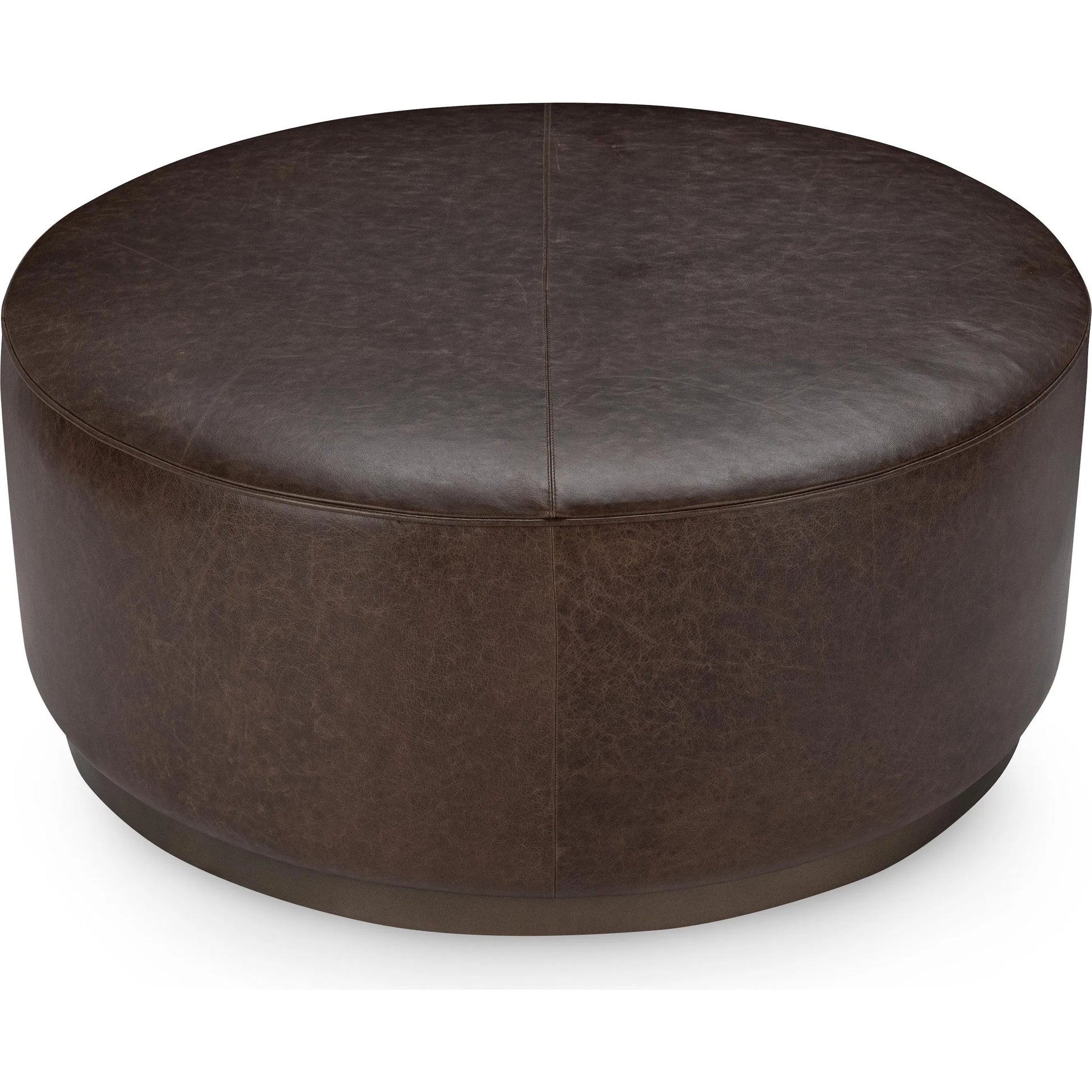 Clair Leather Round Coffee Table by Classic Home in brown, brass. Made from top grain leather in a unique style.