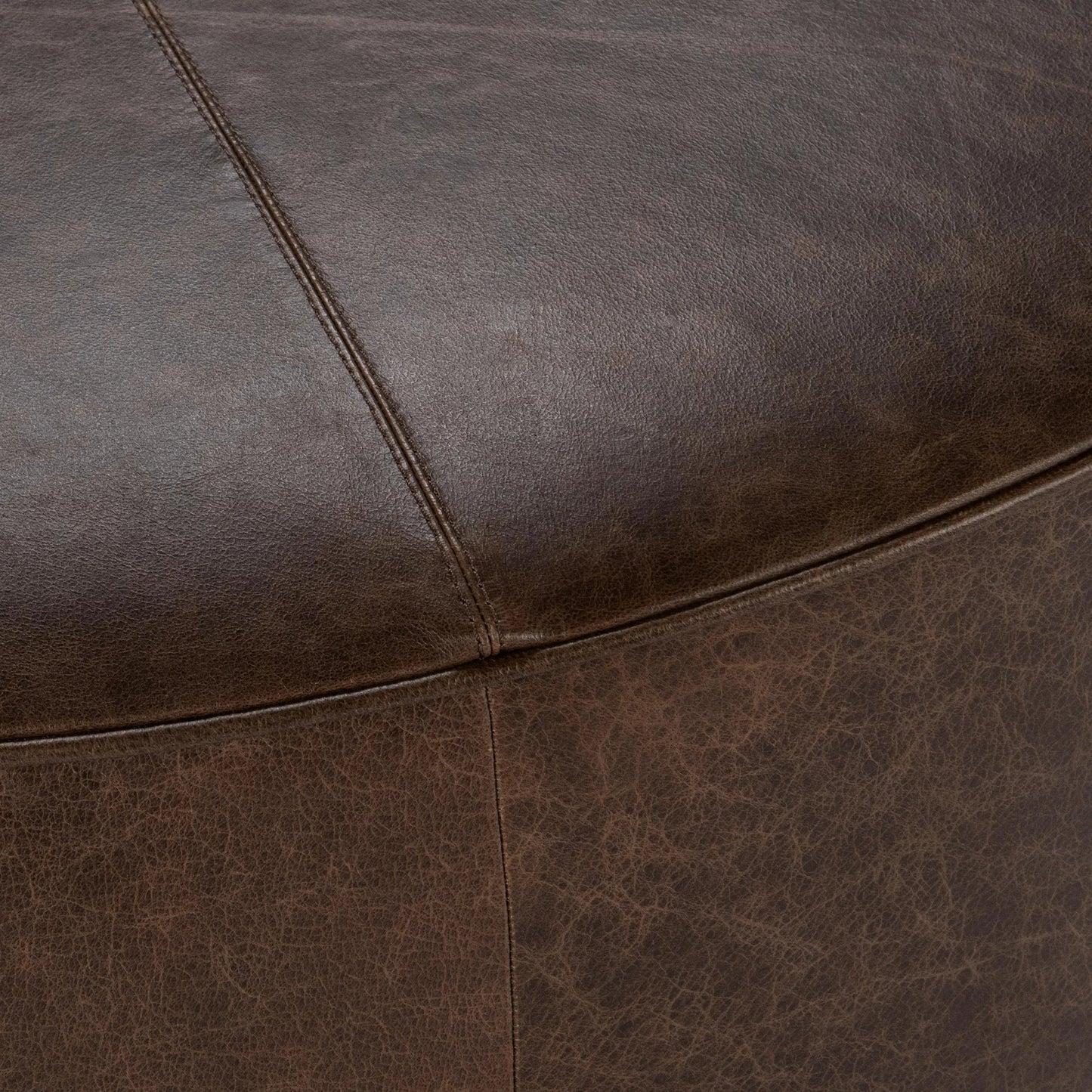 004 SI-2353710 | Closeup | Clair Leather Round Coffee Table by Classic Home in brown, brass. Made from top grain leather in a traditional style.
